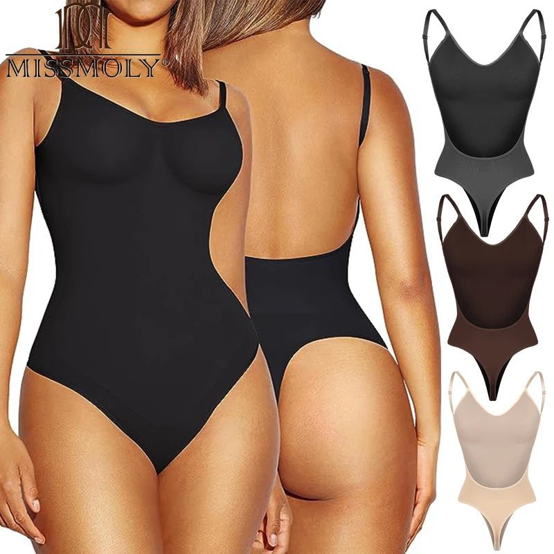 MISSMOLY Bodysuits femininos sem costas modelador tanga sem costura controle de barriga levantador de bumbum modelador de corpo espartilho emagrecimento camisola tops